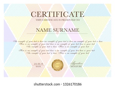 Colorful certificate template with geometric triangle pattern (line texture). Background design for Diploma, certificate of appreciation, achievement, excellence, award template 