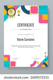 Colorful Certificate Template With Modern Geometric Design. Elegant certificate template geometric shapes with a colorful and modern design. Perfect for professional or educational recognition needs
