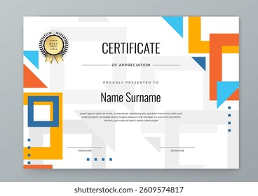 Colorful Certificate Template With Modern Geometric Design. Elegant certificate template geometric shapes with a colorful and modern design. Perfect for professional or educational recognition needs