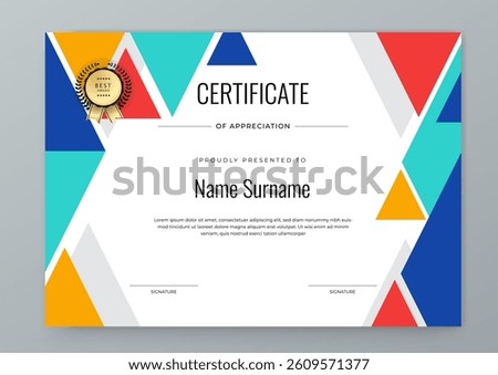 Colorful Certificate Template With Modern Geometric Design. Elegant certificate template geometric shapes with a colorful and modern design. Perfect for professional or educational recognition needs