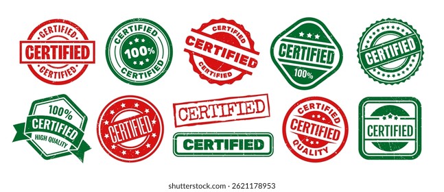 Colorful Certified Seals Set. Bright stamp templates or hand drawn icons with inscription Certified. Design Elements for Product Packaging. Flat vector illustration collection isolated on background