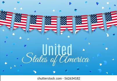 Colorful chain, garland, bunting of USA flags for July 4 Independence Day.  Patriotic Symbolic Decoration for Holiday in America with confetti isolated on blue background. Vector 