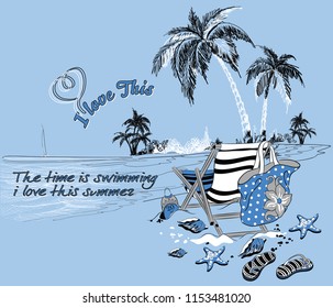 Colorful chair, bag, starfish, scollop and flip flops near to sea. Vector illustration.