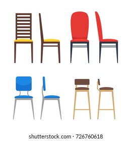 Colorful Chairs Icon Set. Home Seating Furniture For Living Room Or Kitchen. Flat Stool Collection. Side View And Front View. Vector Illustration On White Background.