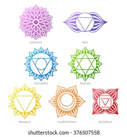 Colorful chakras symbols icons set. Spiritual meditation elements vector illustration.