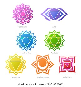 Colorful chakras symbols icons set. Spiritual meditation elements vector illustration.