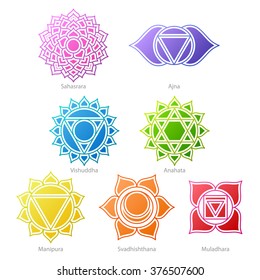 Colorful chakras symbols icons set. Spiritual meditation elements vector illustration.