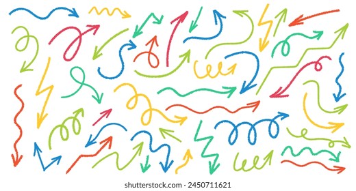 Colorful chalk arrow set. Hand drawn freehand different curved lines, swirls arrows. Vector doodle marker drawing