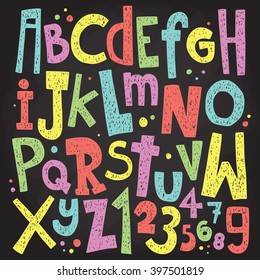 Colorful chalk board letters and numbers. Vintage grunge alphabet vector set