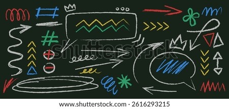 Colorful chalk doodle elements on blackboard - frames and borders, arrows and crowns, hash or number sign, asterisk, circles and scribbles. Hand drawn sketch shapes set on school chalkboard.