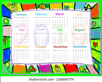 Colorful  Chalk drawing doodles frame children kids calendar 2019 year 