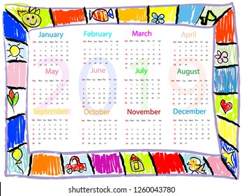 Colorful  Chalk drawing doodles frame children kids calendar 2019 year 