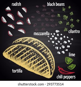  Colorful chalk drawn illustration of vegetarian tacos with ingredients. Mexican food theme.