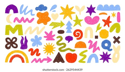 Colorful chalk drawn shapes, crayon or pencil childish sketch pack, cute naive stickers set. Arrow and star, heart and sun, flower, scribble and blob minimal street graffiti vector illustration