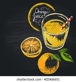  Colorful chalk painted illustration of full glass with orange juice.  Healthy nutrition. Copy space.