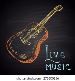  Colorful Chalk Painted Illustration With Guitar And Text. Live Music Theme.