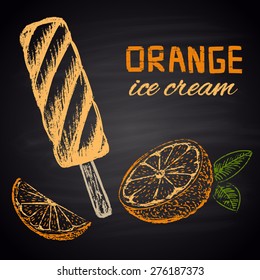  Colorful chalk painted illustration of orange ice cream. Menu theme.