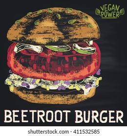  Colorful chalk painted illustration of vegan Beetroot burger ingredients. Burger menu theme.