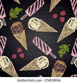 Colorful chalk painted seamless pattern with different types of ice-cream (ice lolly, ice-cream-cone).