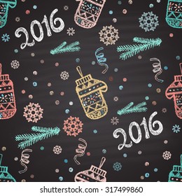 Colorful chalk painted seamless pattern with snowflakes, mittens, 2016. New Year theme. Card design.