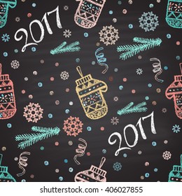  Colorful chalk painted seamless pattern with snowflakes, mittens, 2017. New Year theme. Card design.