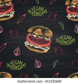  Colorful chalk painted seamless pattern of vegan Beetroot burger ingredients. Burger menu theme.