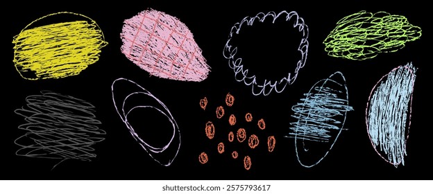 Colorful chalk scribbles on black background. Chalk scribbles in various shapes. Bright chalk scribbles create playful patterns. Doodle illustrations, vector set.