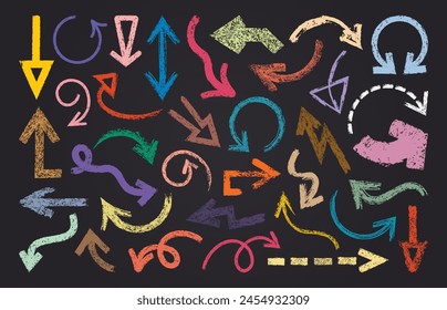 Colorful chalk strokes arrows. Rough charcoal arrows, texture chalk indicating pointers, hand drawn abstract arrow shapes flat vector illustration set. Bright arrow sign collection