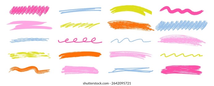 Colorful chalk underline and scrawl stroke set. Hand drawn pastel brush lines, wavy and curly underlines, crayon highlight elements. Vector illustration on white backgroun