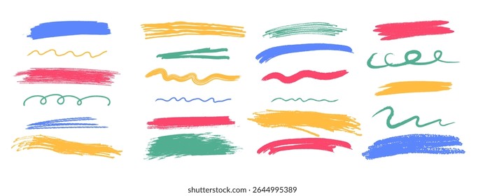 Colorful chalk underline and scrawl stroke set. Hand drawn pastel brush lines, wavy and curly underlines, crayon highlight elements. Vector illustration on white background