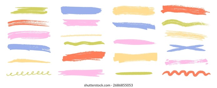 Sublinhado em giz colorido e traços rabiscados. Linhas de giz de cera desenhadas à mão e destaques de marcadores. Ilustração vetorial