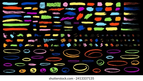 Colorful chalk vector lines. Charcoal, crayon, pen hand sketch scribbles. Brush textured ovals, emphasis marks. Paint stroke border, underline elements. Kids colored pencil art. Vector grunge scratch