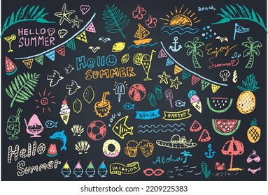 Colorful Chalkboard Art Summer Collection. Hand drawn summer icons