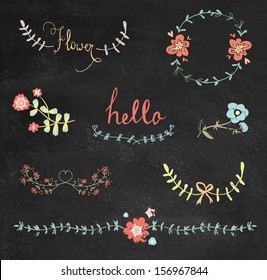 Colorful chalkboard hand drawn graphic flower set