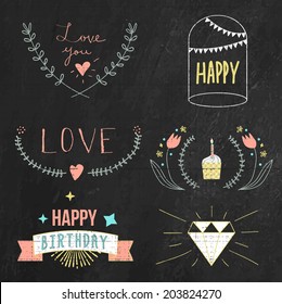 Colorful chalkboard hand drawn graphic flower set for wedding, birthday and party design