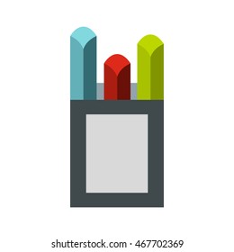 Colorful chalks in carton box icon in flat style on a white background