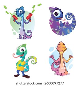 Colorful chameleon characters with creative expressions