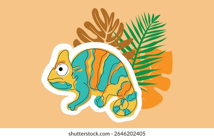 A colorful chameleon with childlike features and playful camouflage in shades of green, blue, and orange, blending into tropical leaves.