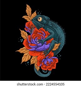 Colorful A chameleon climbs a blooming flower with leaves around it in search of food for t shirt design