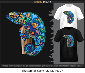 Colorful chameleon mandala arts isolated on black and white t shirt.