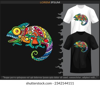 Colorful chameleon mandala arts isolated on black and white t shirt.