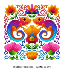 Colorful Chameleon with mexican Traditional mexican folk art floral vector design