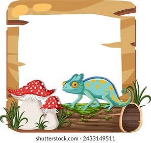 Colorful chameleon with mushrooms and wooden frame