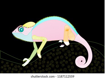Colorful Chameleon on black background with spiral design. 