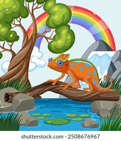 Colorful chameleon on a log near a waterfall