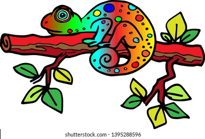 colorful chameleon on tree branch illustration 