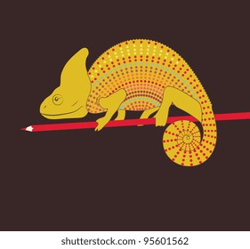 Colorful chameleon with red pencil Vector illustration of chameleon