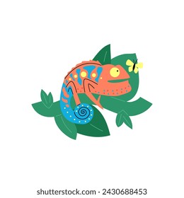 Colorful chameleon with a whimsical design, sitting among green leaves with a butterfly, in a playful vector illustration