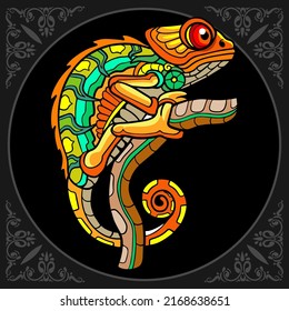 Colorful Chameleon zentangle arts, isolated on black background