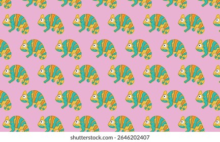 Camaleões coloridos jogam com camuflagem em uma animação para crianças, cheia de linhas brilhantes e cores.